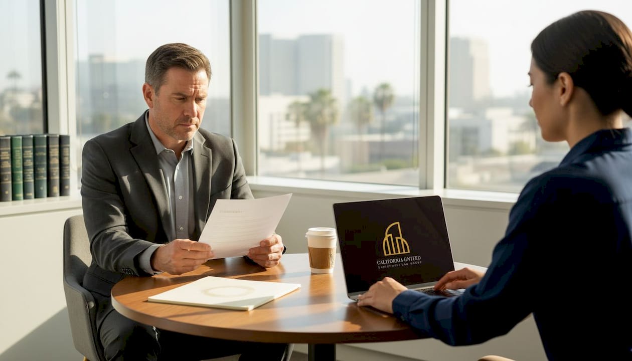 Employee reading termination letter in sunlit office