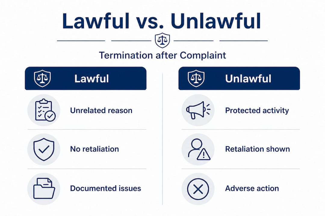 Infographic comparing lawful and unlawful firing after complaints