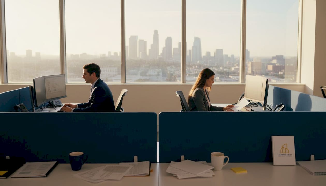 Two account managers in cluttered Santa Monica office