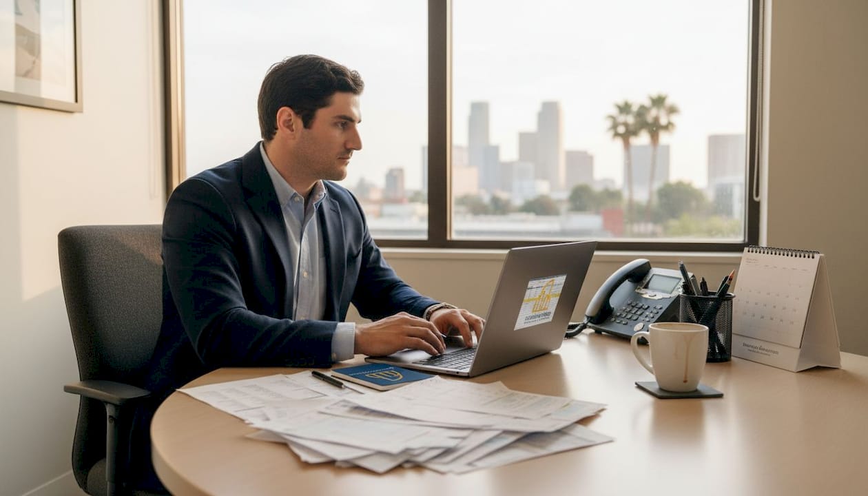 Manager reviews pay stubs at desk