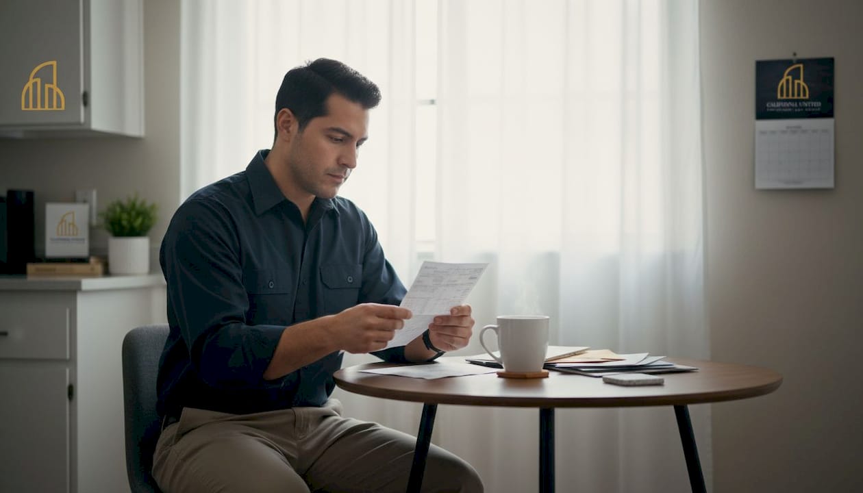 Worker checking pay stub at kitchen table