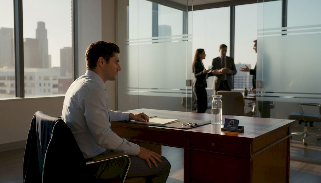 Worker in tense office setting with paperwork