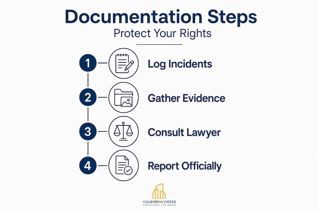 Infographic illustrating documentation steps for hostile work environment