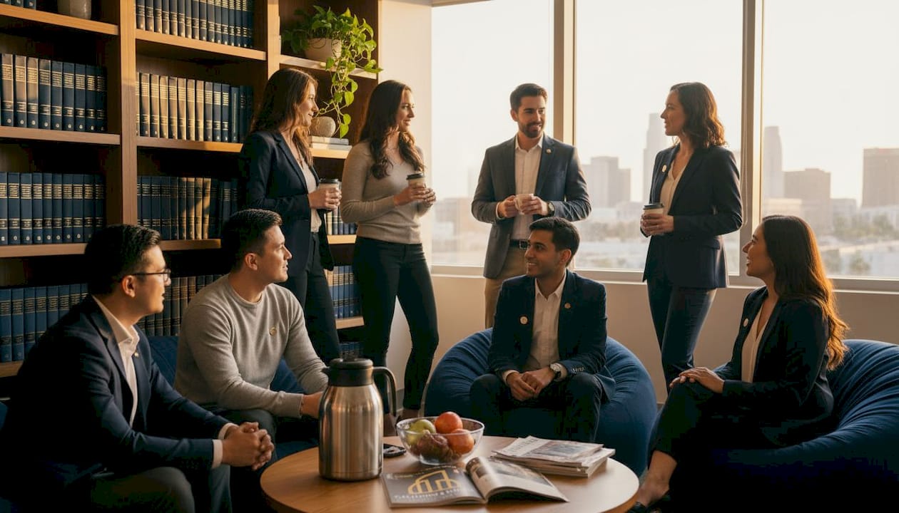Employees chatting in a break room