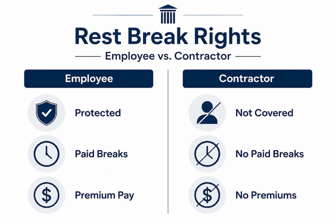 Infographic comparing employee and contractor rest break rights