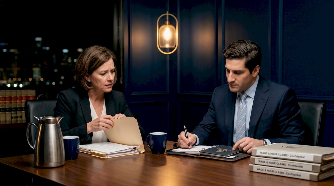 Client and attorney meet in sunlit law office
