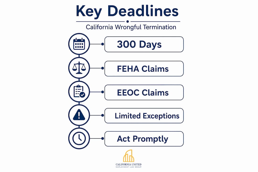 Infographic showing deadlines for wrongful termination claims in California