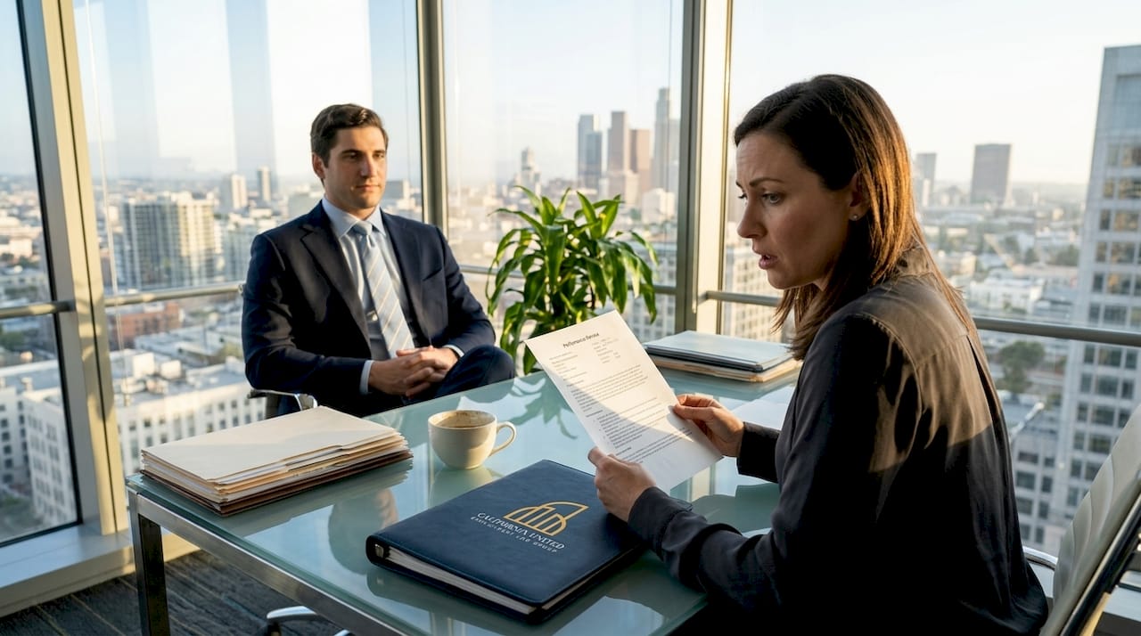 Office worker reacts to negative performance review