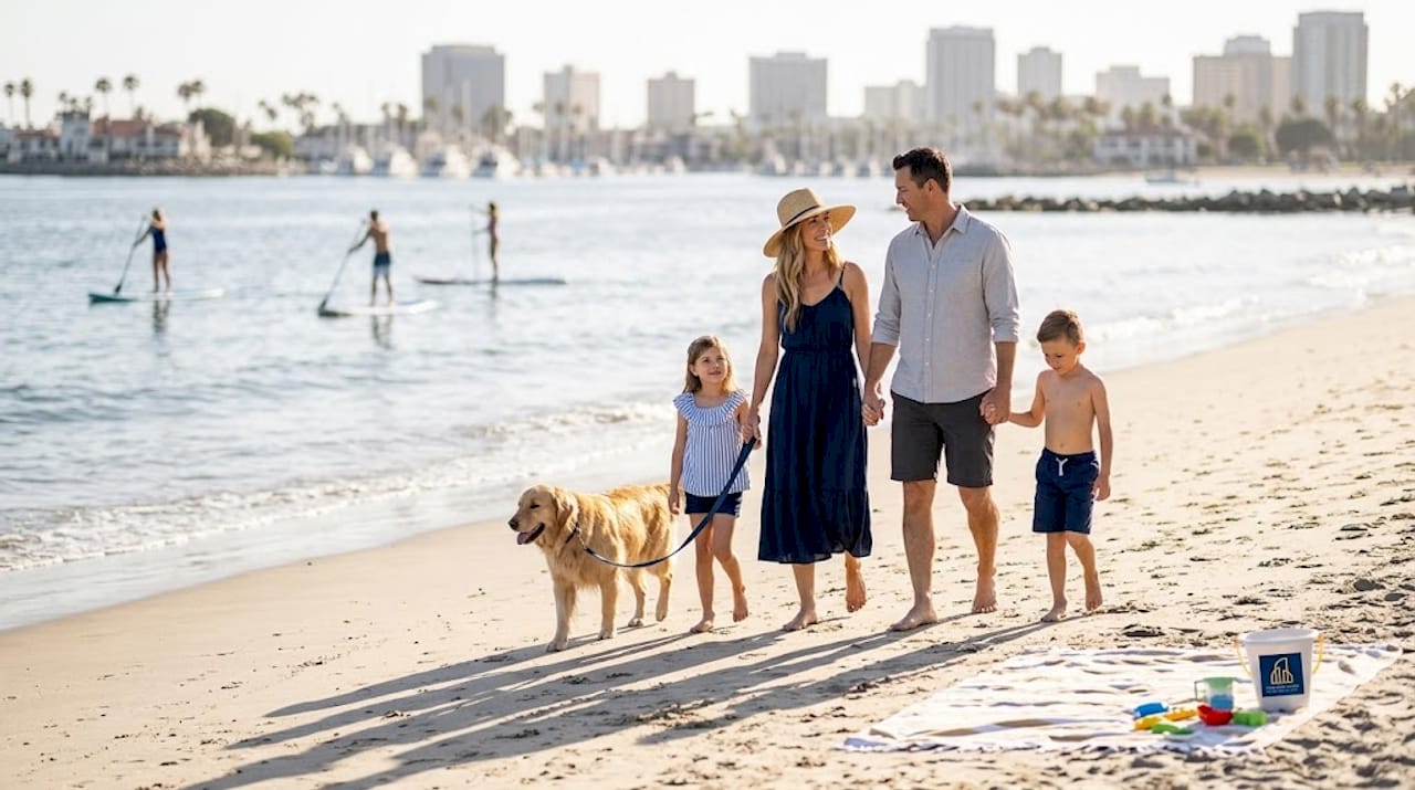 Family walking along Long Beach waterfront