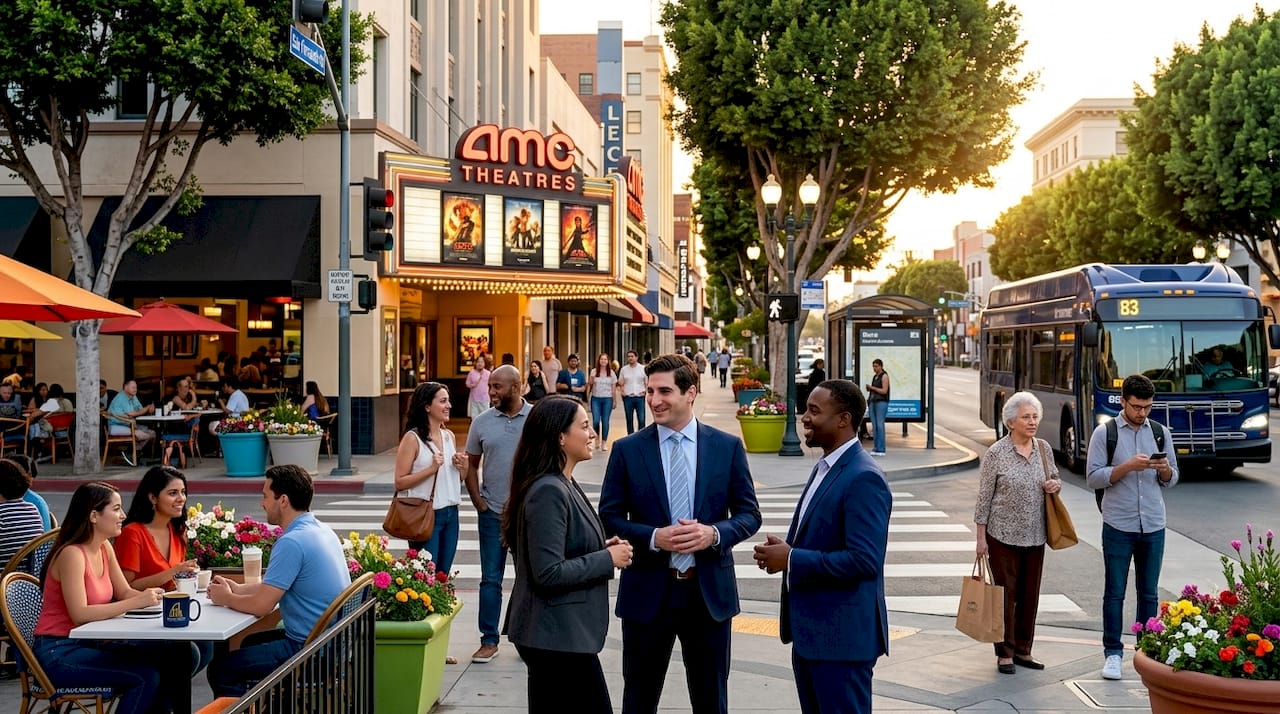 Downtown Burbank street with people and shops