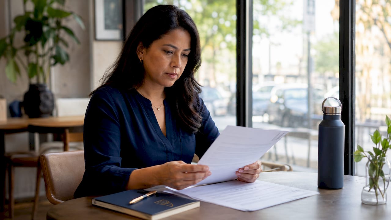 Woman reviewing pregnancy discrimination documents at desk