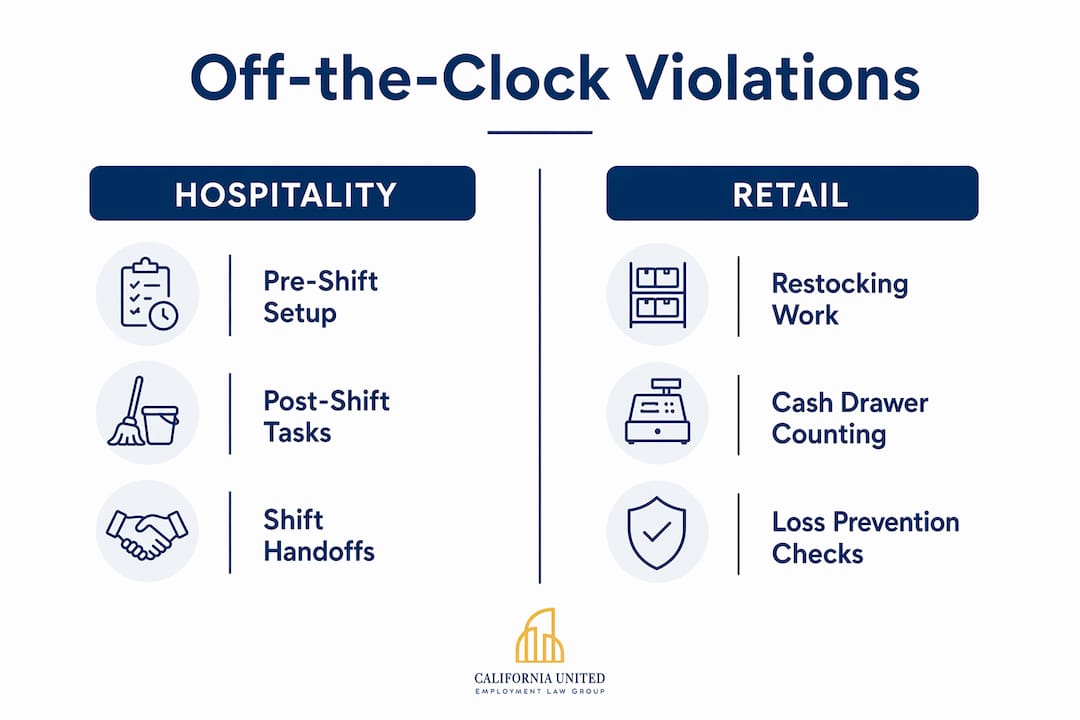 Infographic comparing hospitality and retail off-the-clock violations