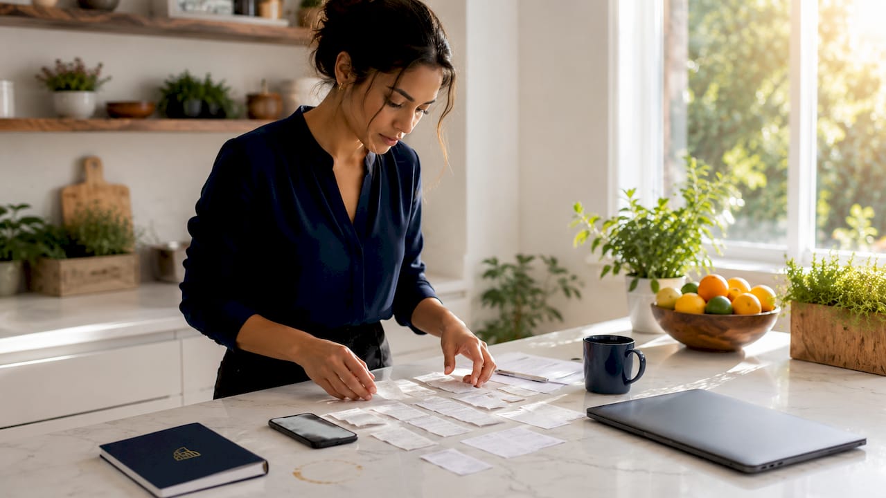 Employee sorting expense receipts at home desk
