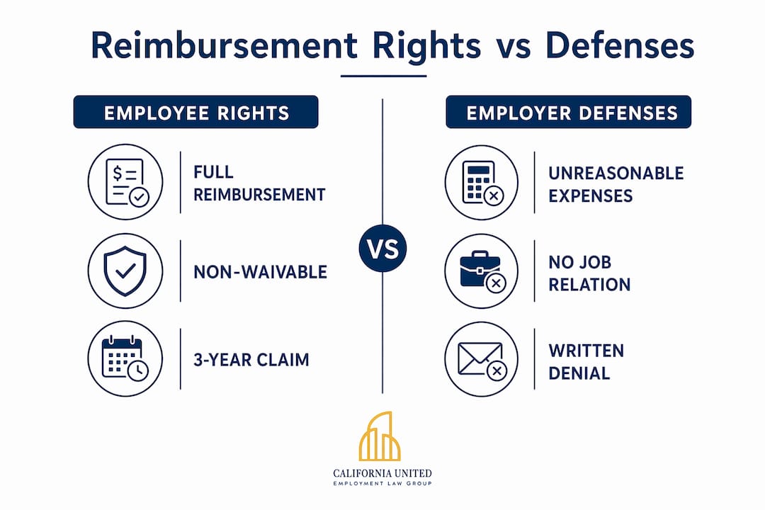 Infographic comparing employee reimbursement rights and employer defenses