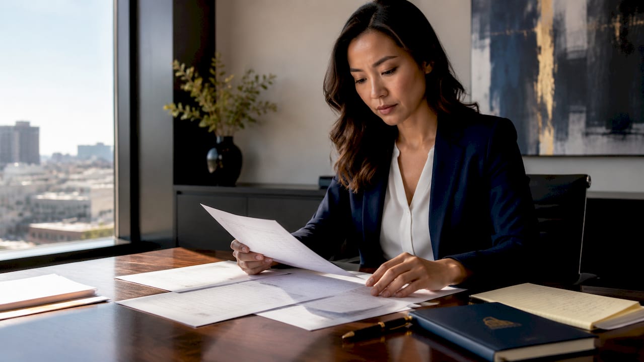 Professional reviewing wage documents at desk