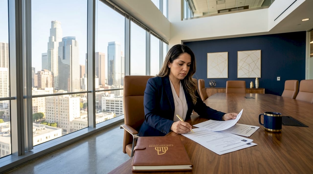 Professional woman reviewing harassment documents in office