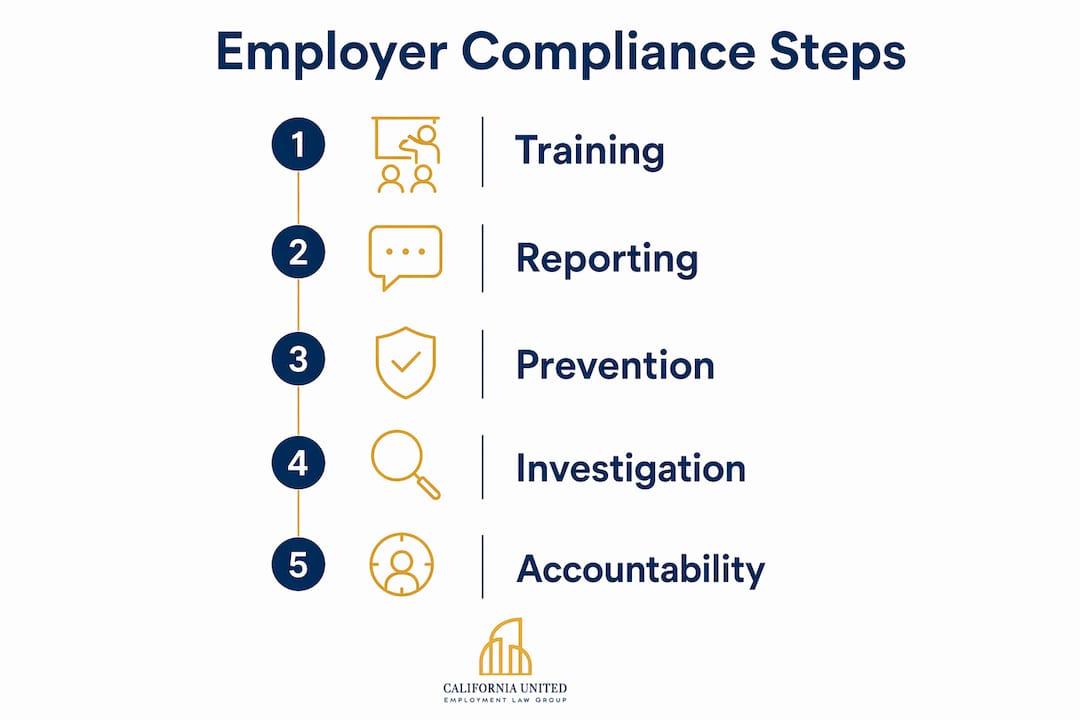 Infographic showing steps employers must take to comply with harassment laws