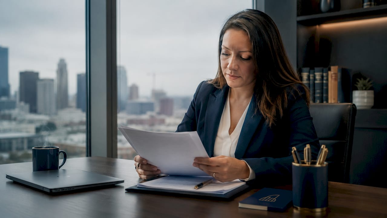 Professional reviewing legal documents in office