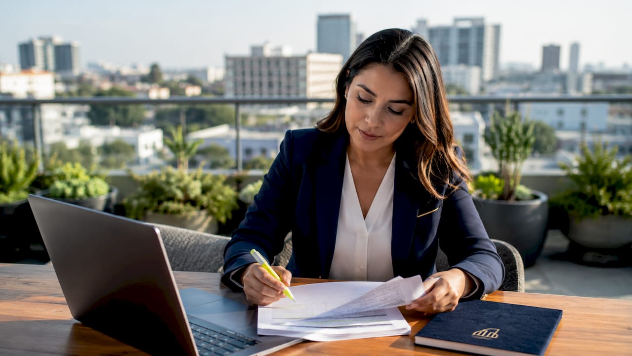 Professional woman reviewing payroll documents at desk