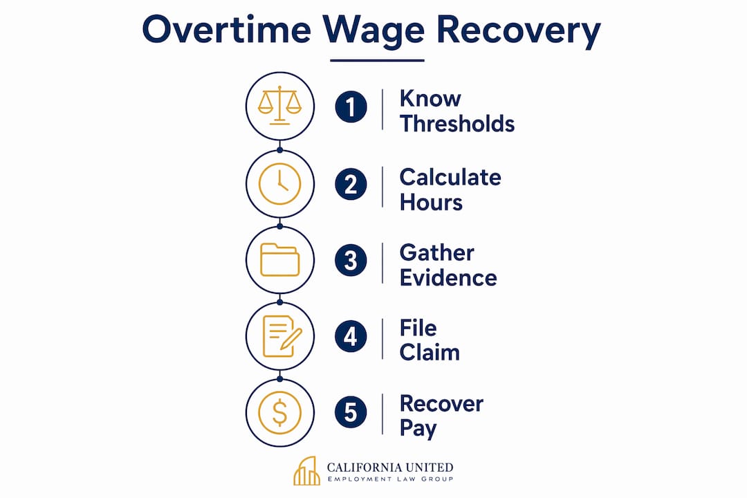 Infographic showing step-by-step unpaid overtime recovery process
