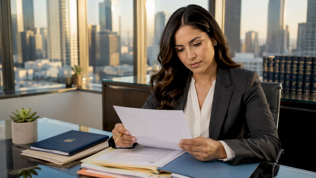Professional woman reviewing employment documents at desk