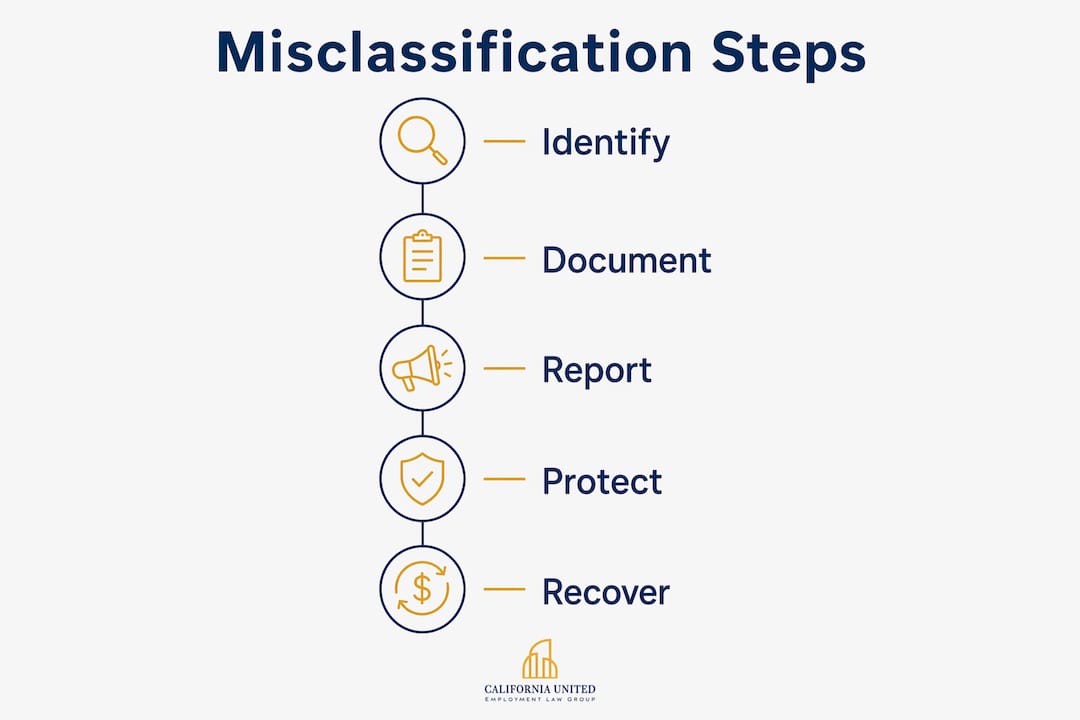 Infographic showing steps to identify and address employee misclassification