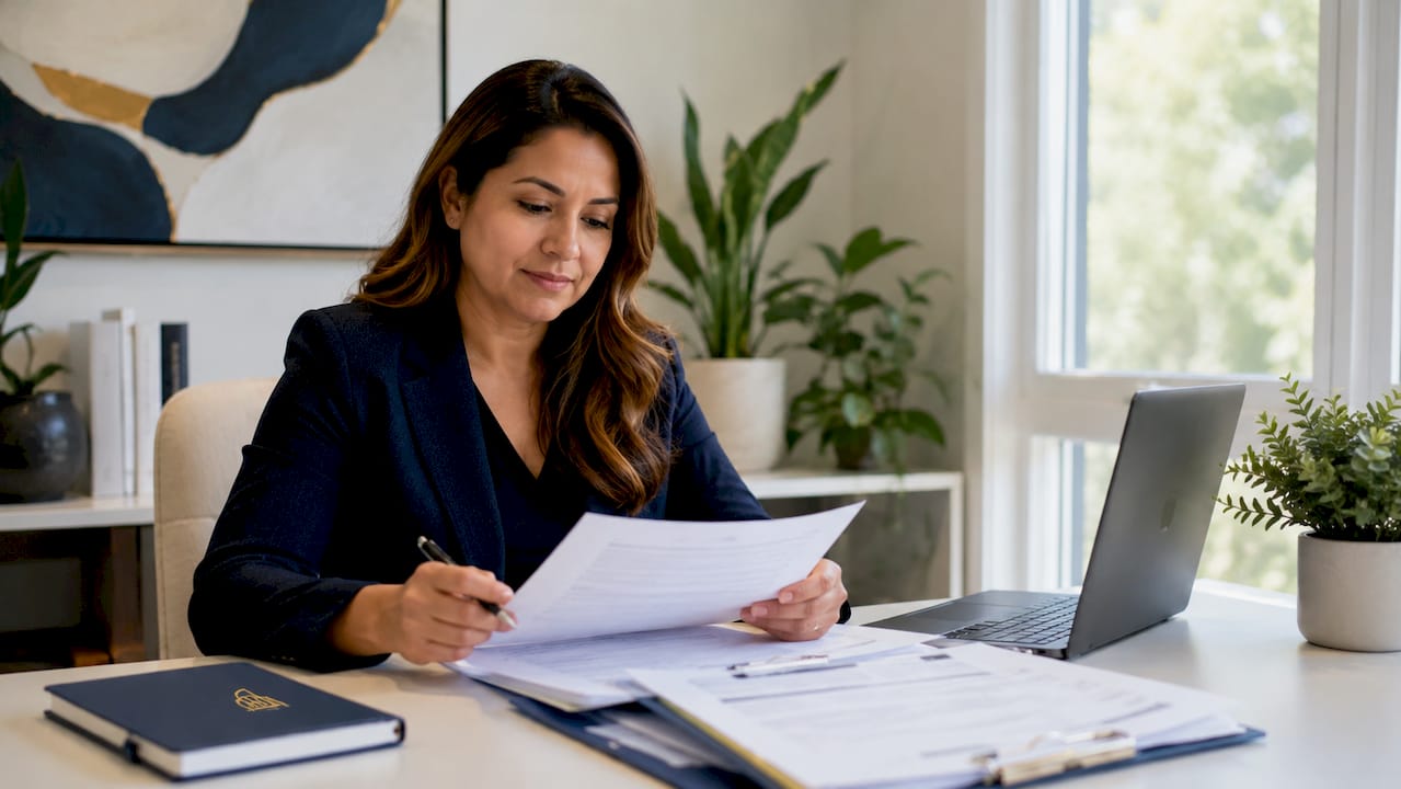 Professional reviewing labor law documents at desk