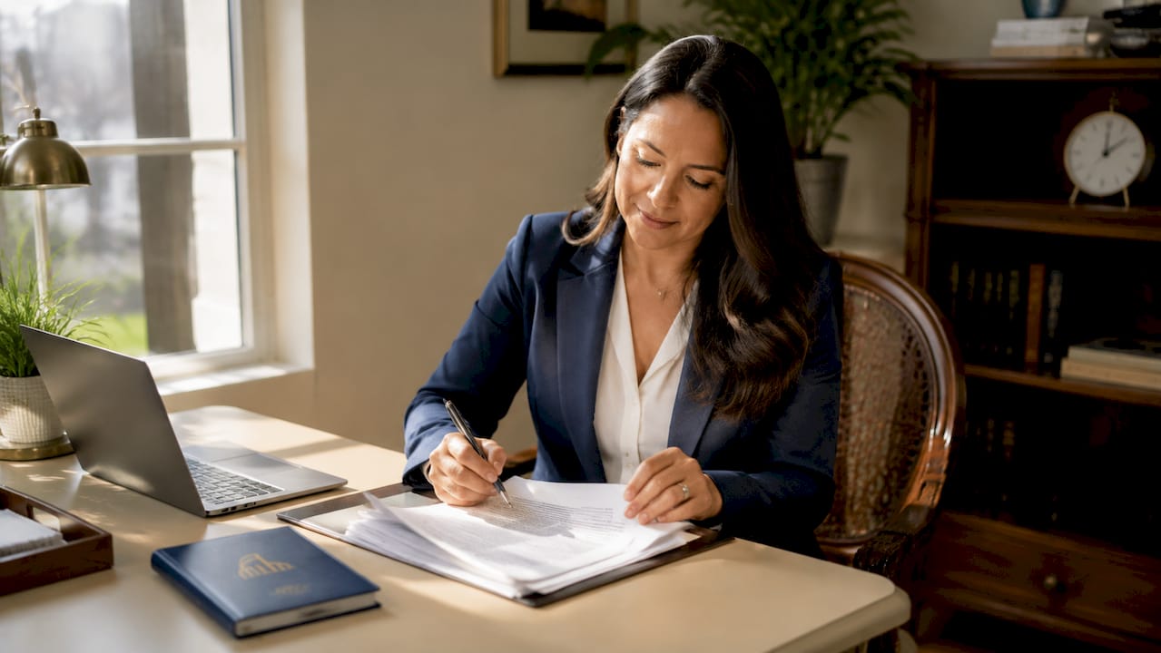 Professional reviewing severance documents in office with city view