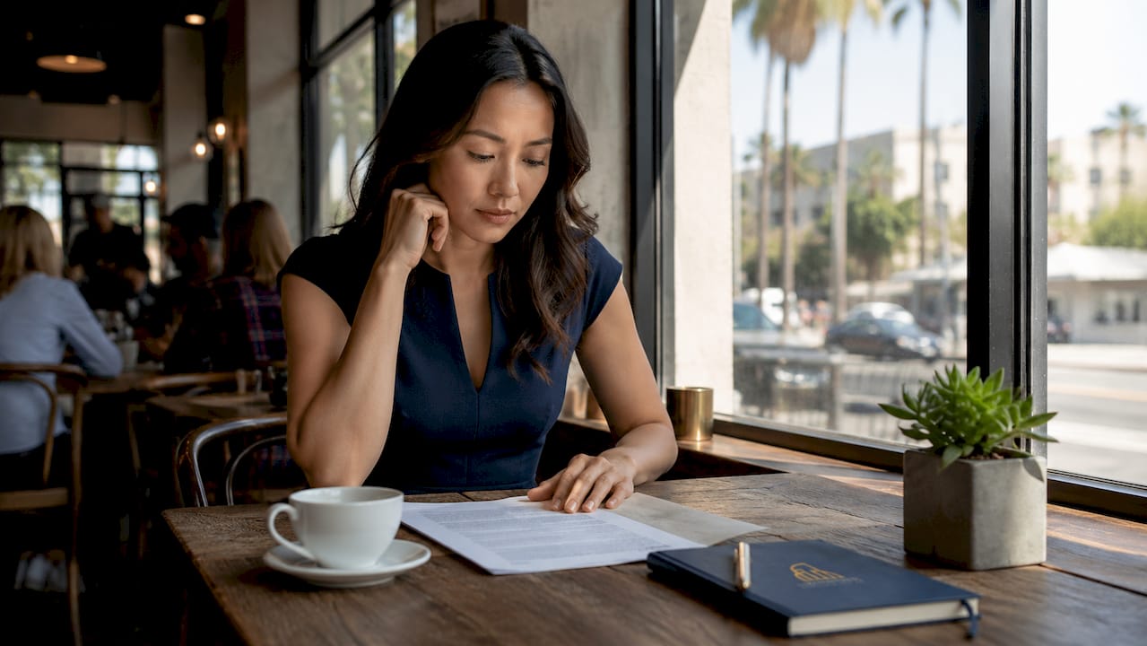Professional woman in office reflecting thoughtfully