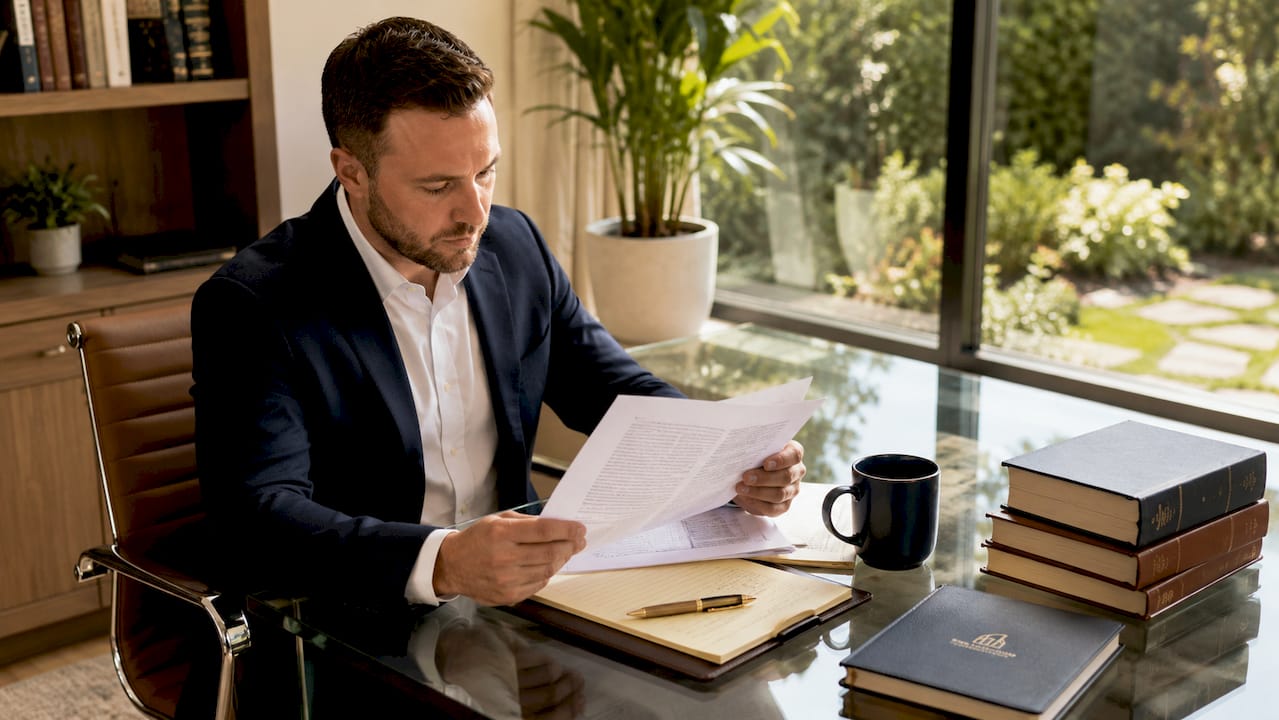 Veteran reviewing legal documents near window