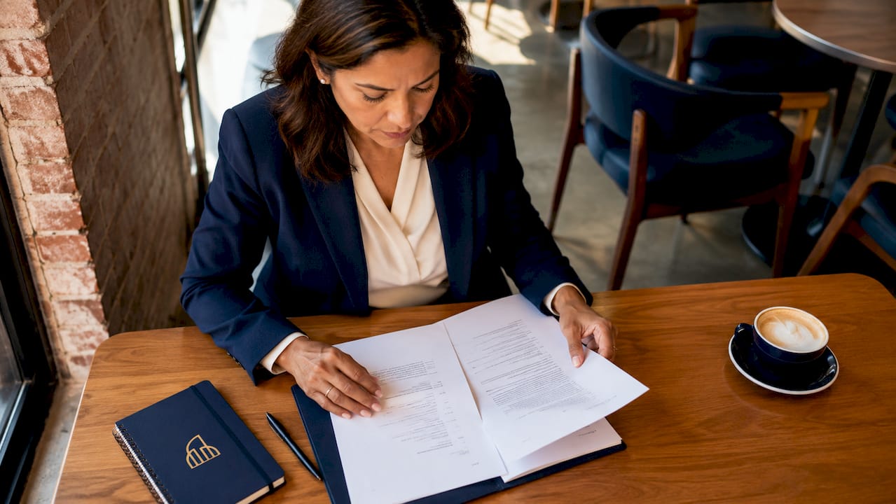Professional woman reviewing employment contract documents