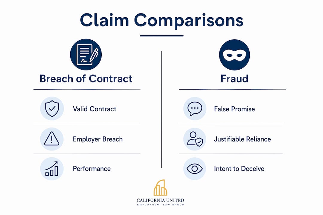 Infographic comparing breach of contract and fraud claims