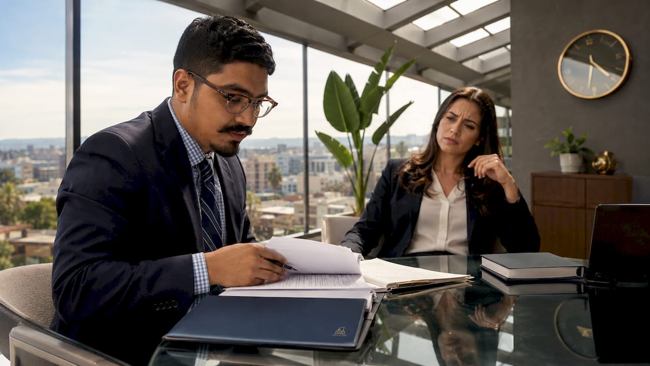 Two professionals showing workplace tension in Pasadena office