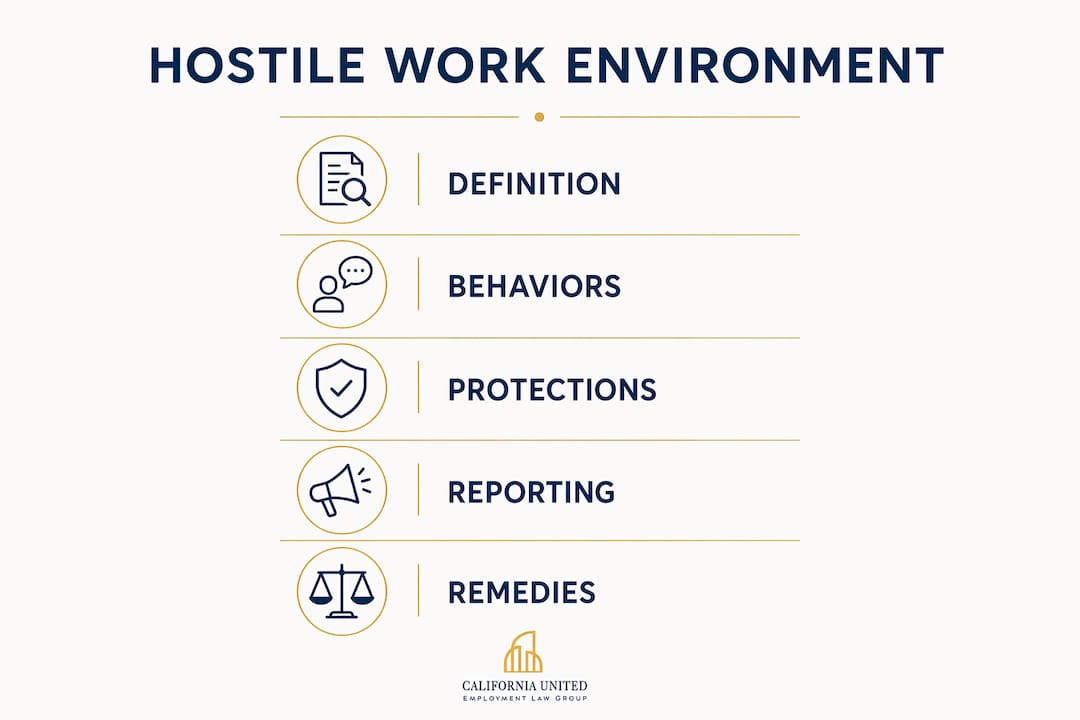 Infographic showing hostile work environment overview with key points