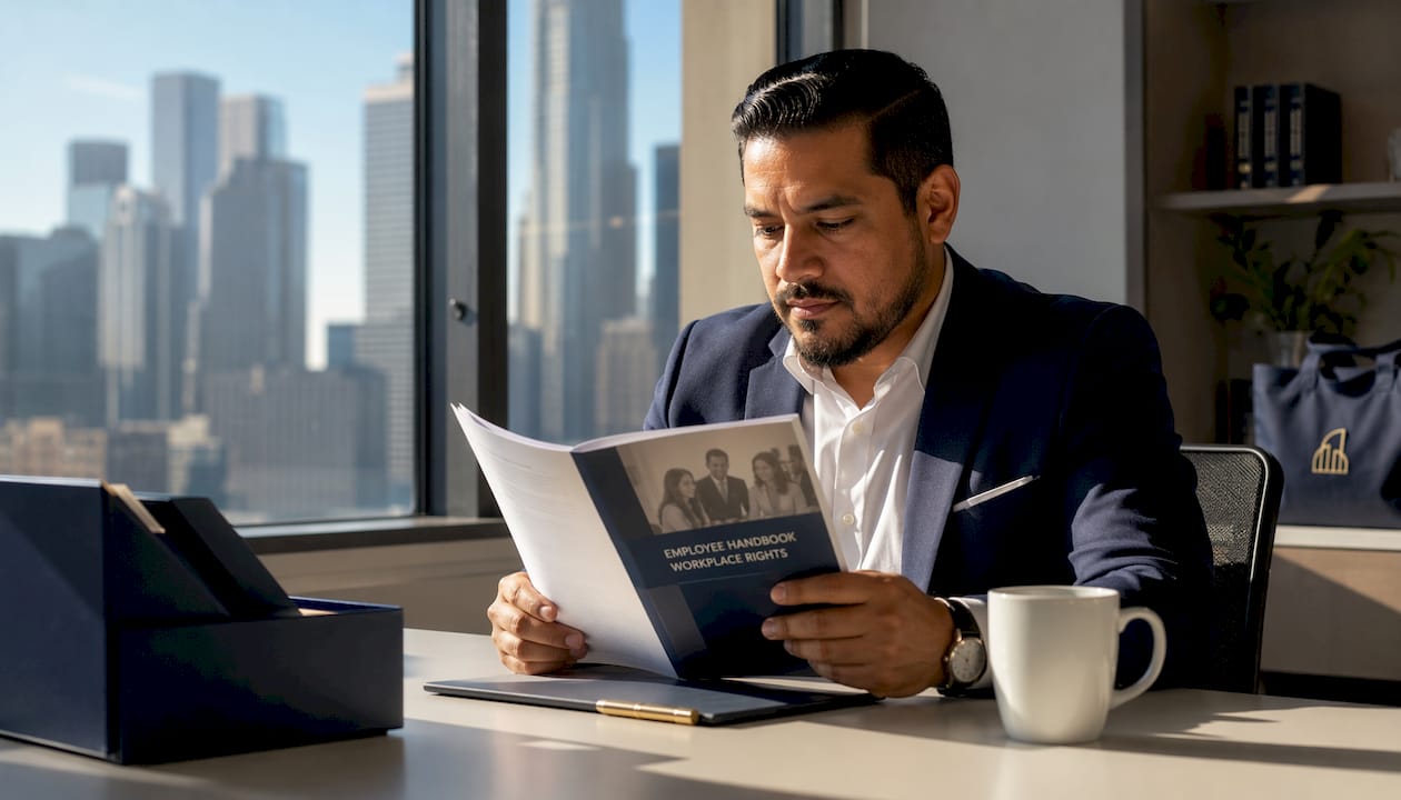 Man reviewing employee handbook in office