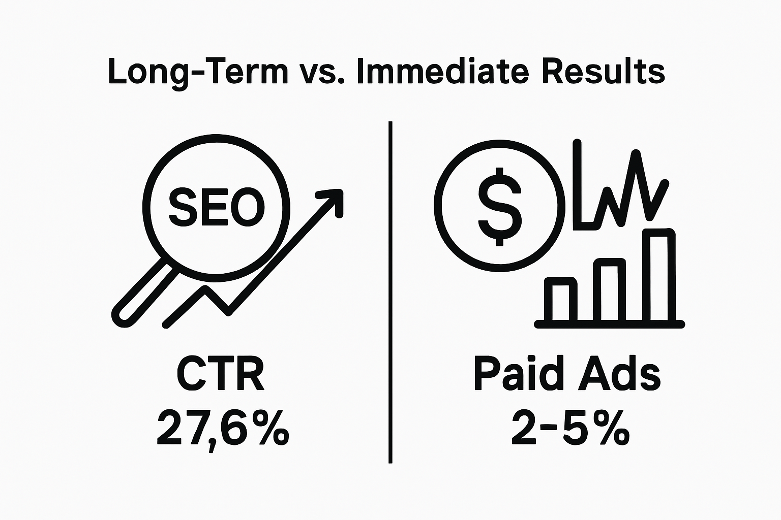 Visual comparison of SEO and Paid Ads showing key metrics
