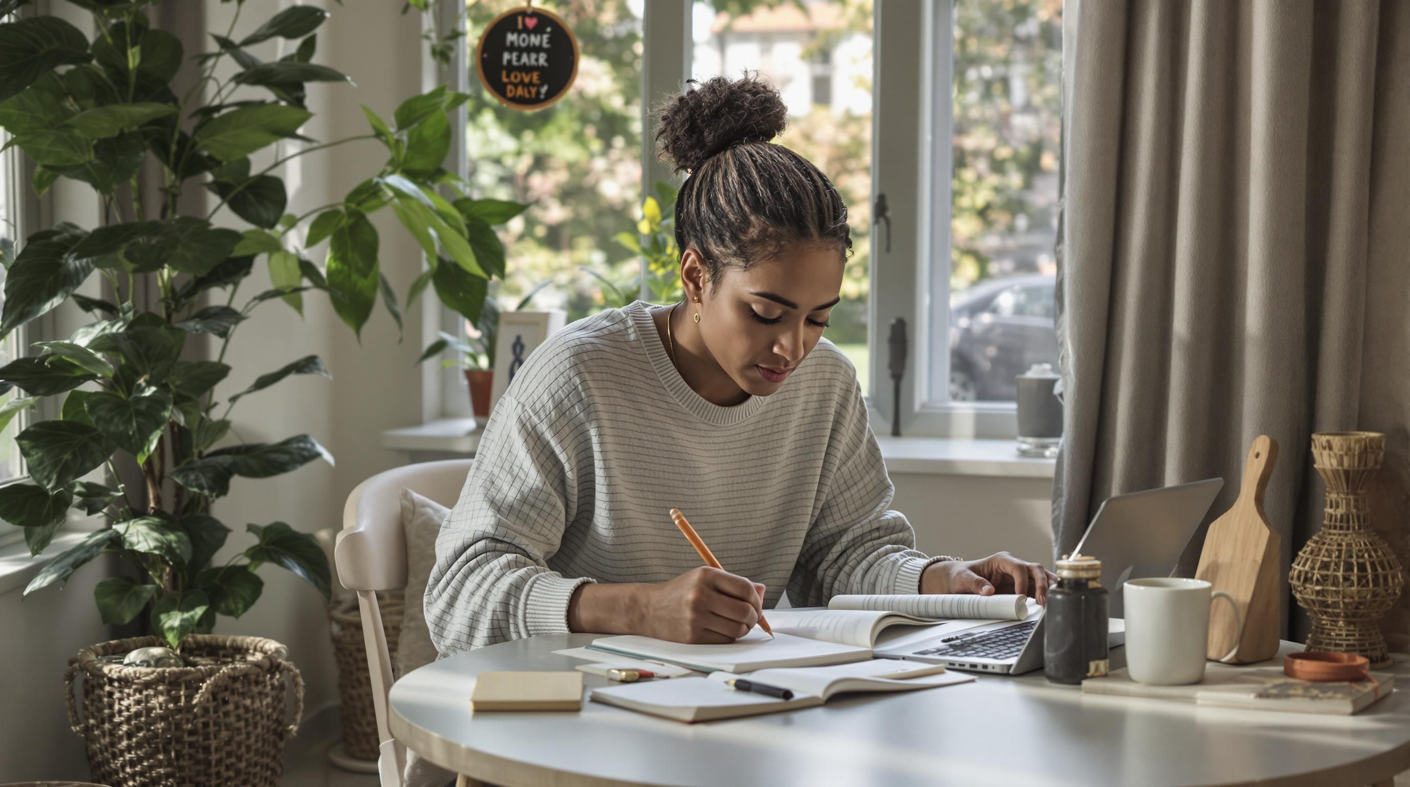 Individual reflecting on personal anger management goals at table