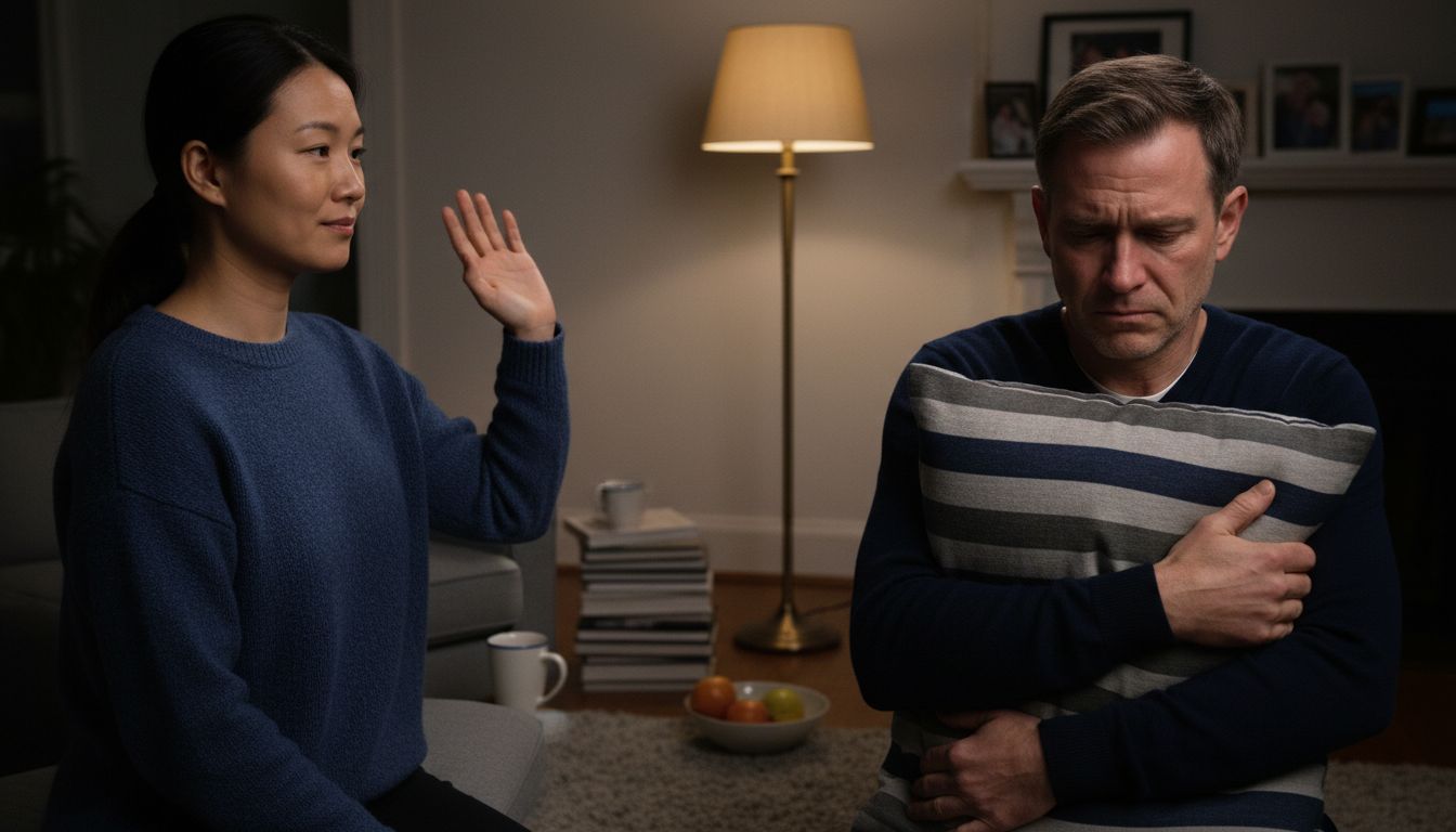 Gaslighting victim and manipulator in living room