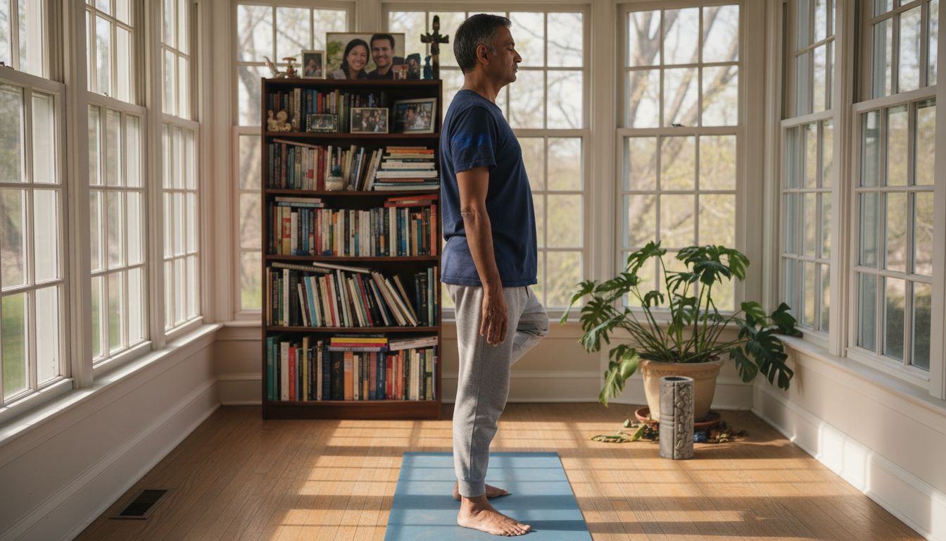 Man doing yoga exercise at home