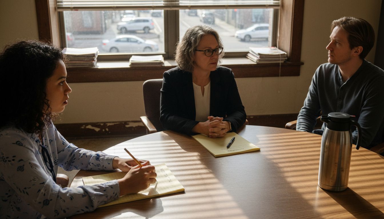 Sibling mediation session in small conference room