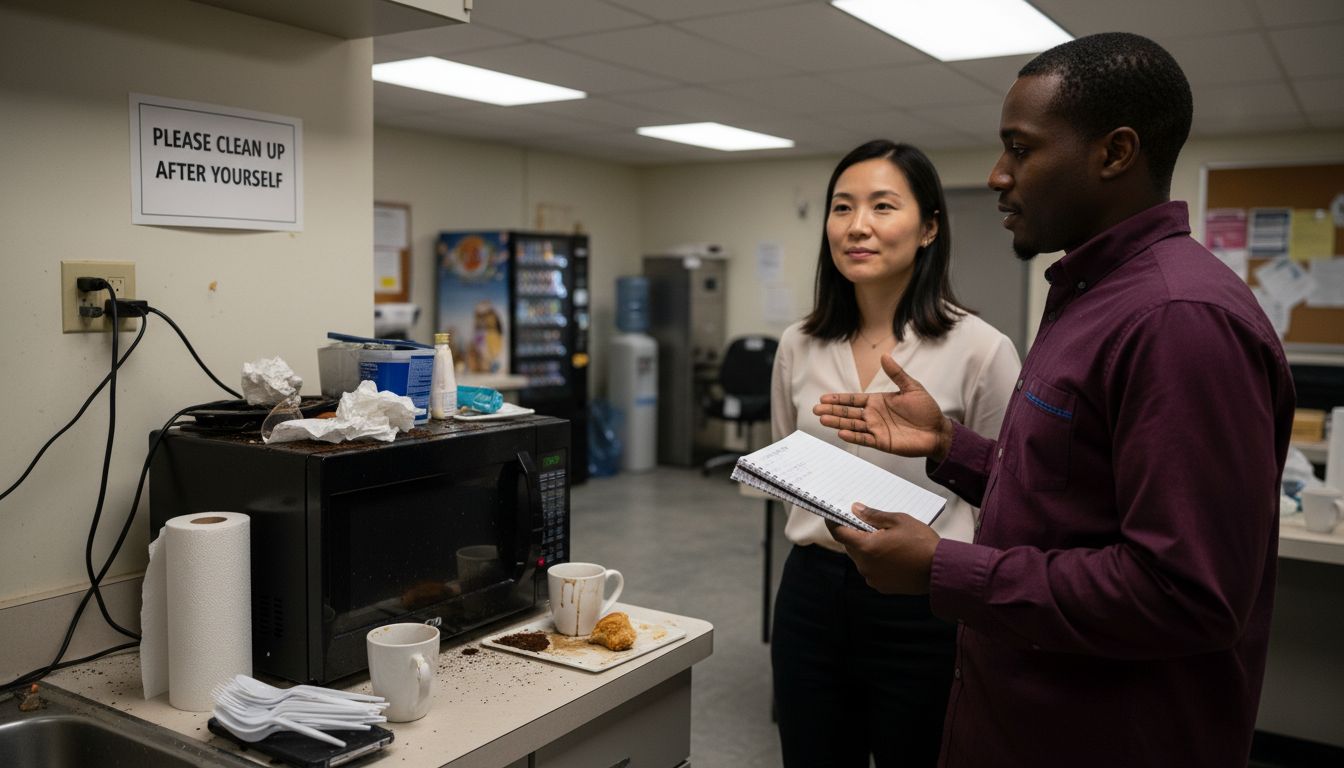Coworkers give feedback in breakroom