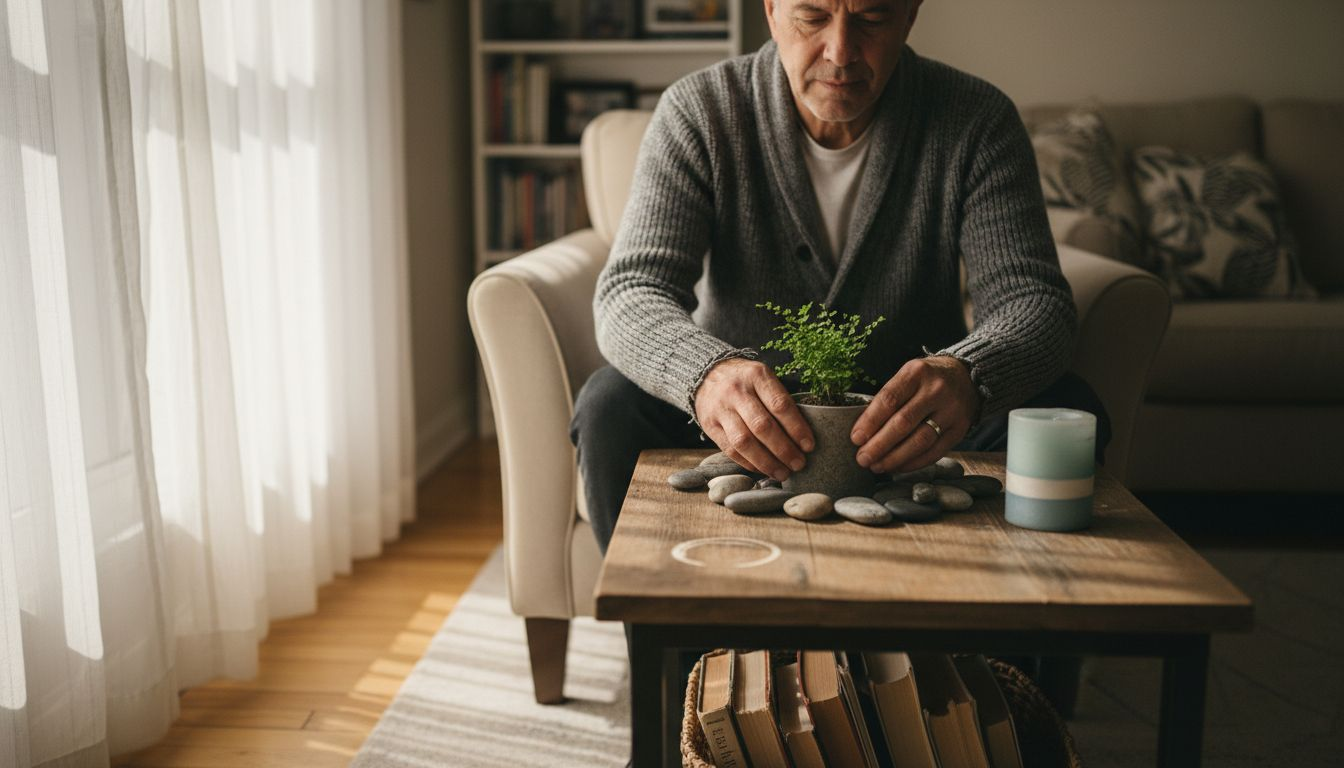 Man setting up calming relaxation corner