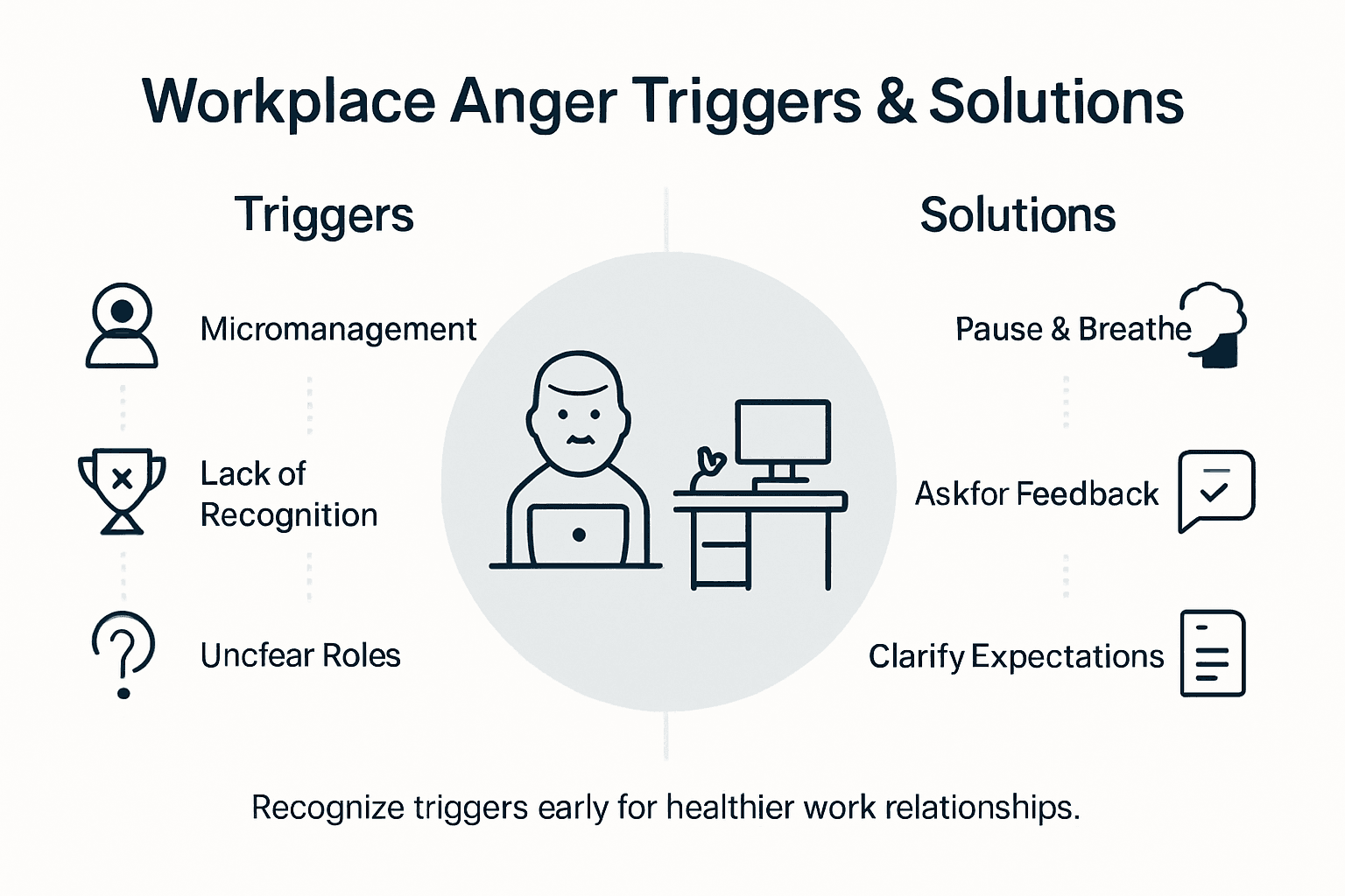 Infographic showing workplace anger triggers and solutions