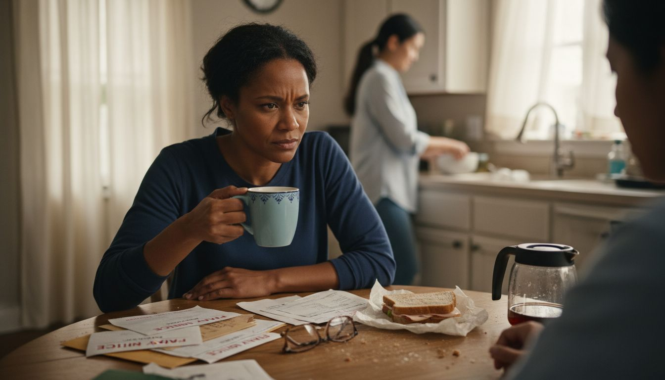 Woman showing tension at cluttered kitchen table