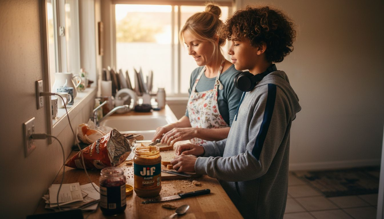 Mother and teen talk while making sandwiches