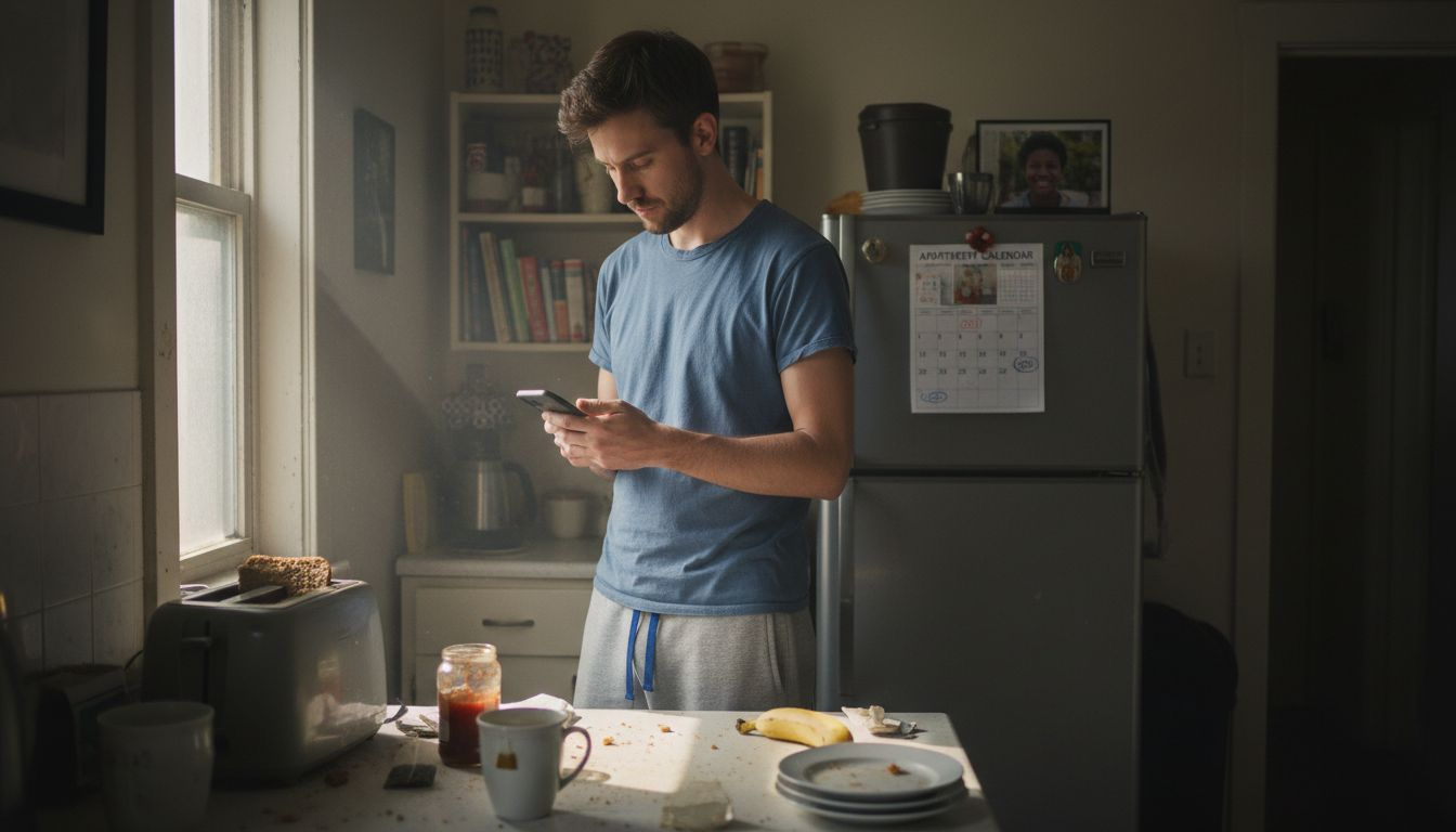 Man making breakfast with casual morning routine