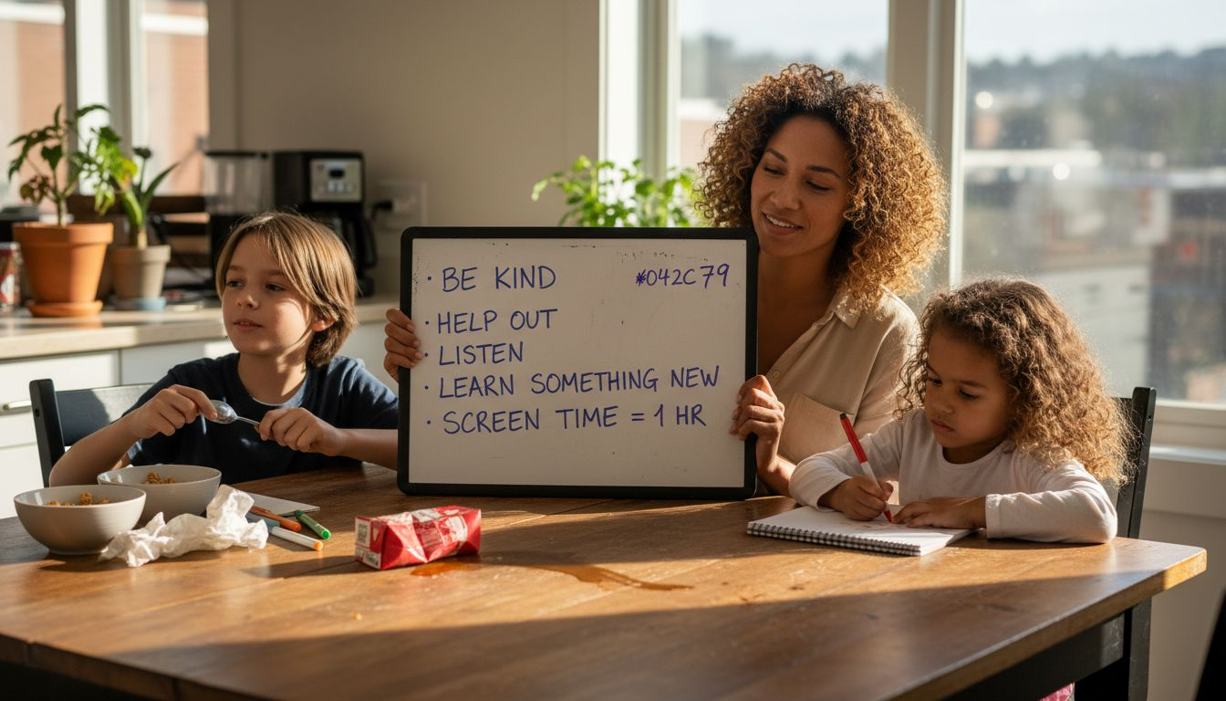 Mother discusses household boundaries with kids