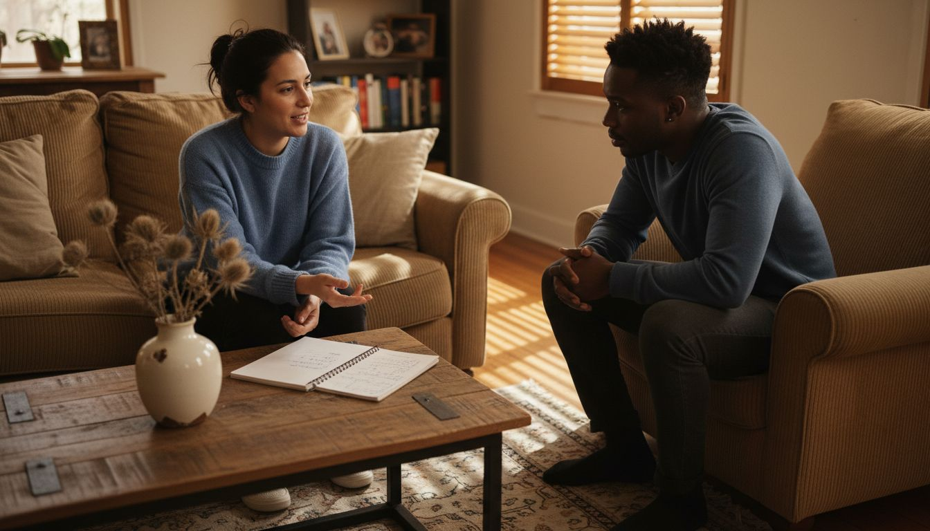 Woman expressing feelings on living room sofa