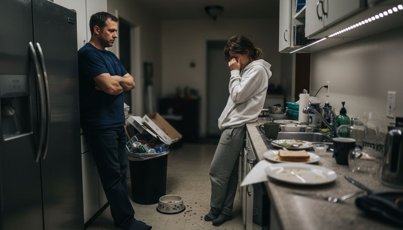 Stressed couple standing apart in messy kitchen