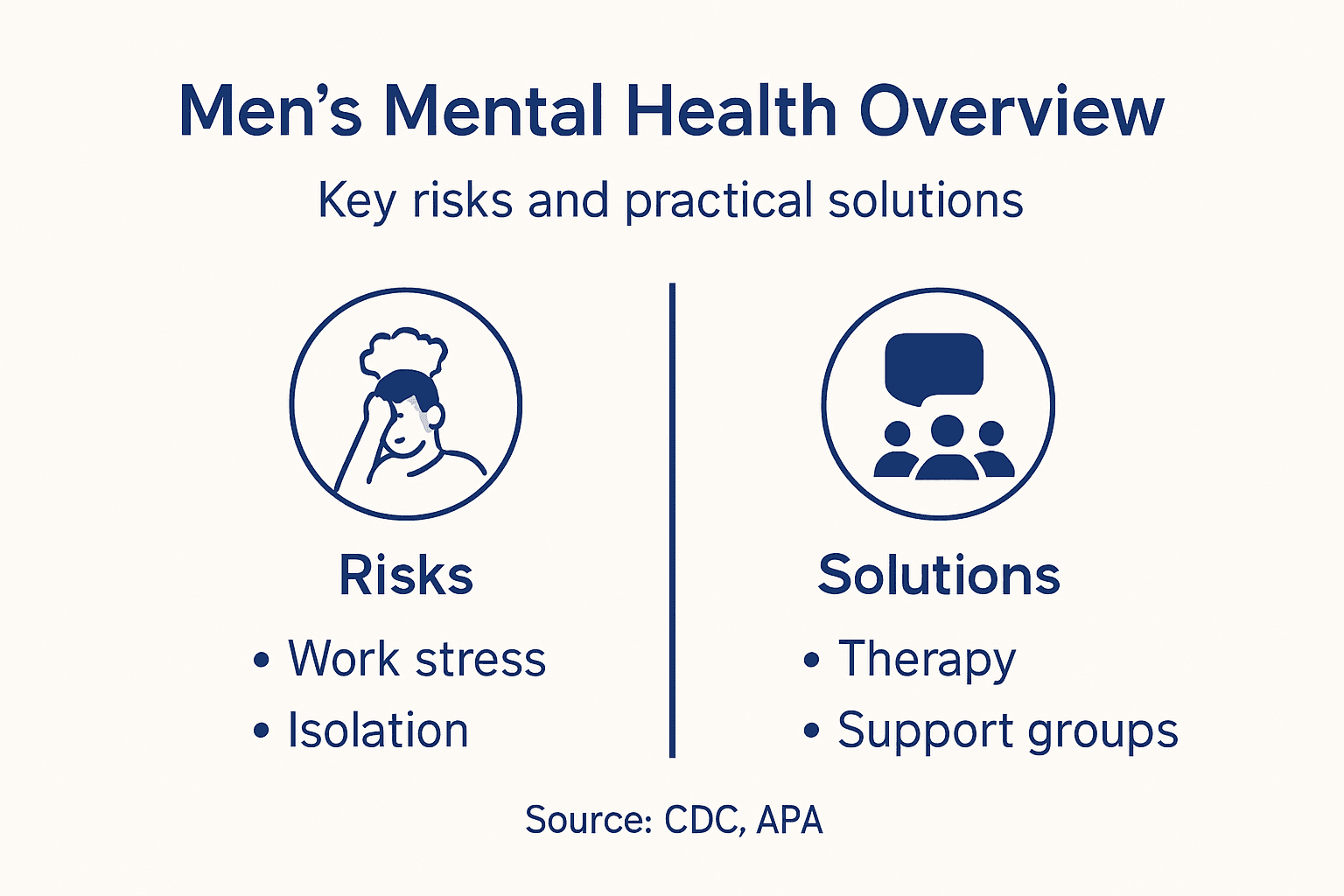 Infographic showing men's mental health risks and solutions